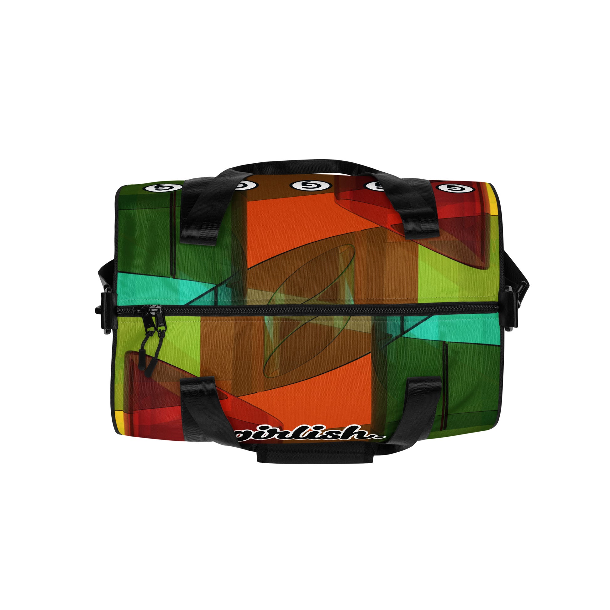 Top of gym bag with on square pattern of brown, red, green, and gold background 