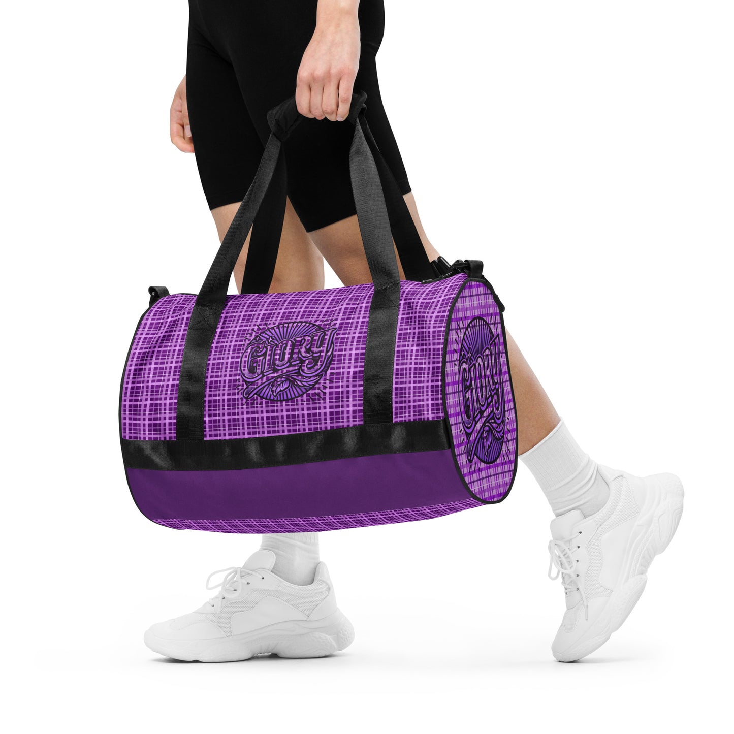 Front of purple plaid gym bag with 'Glory' icon being carried.