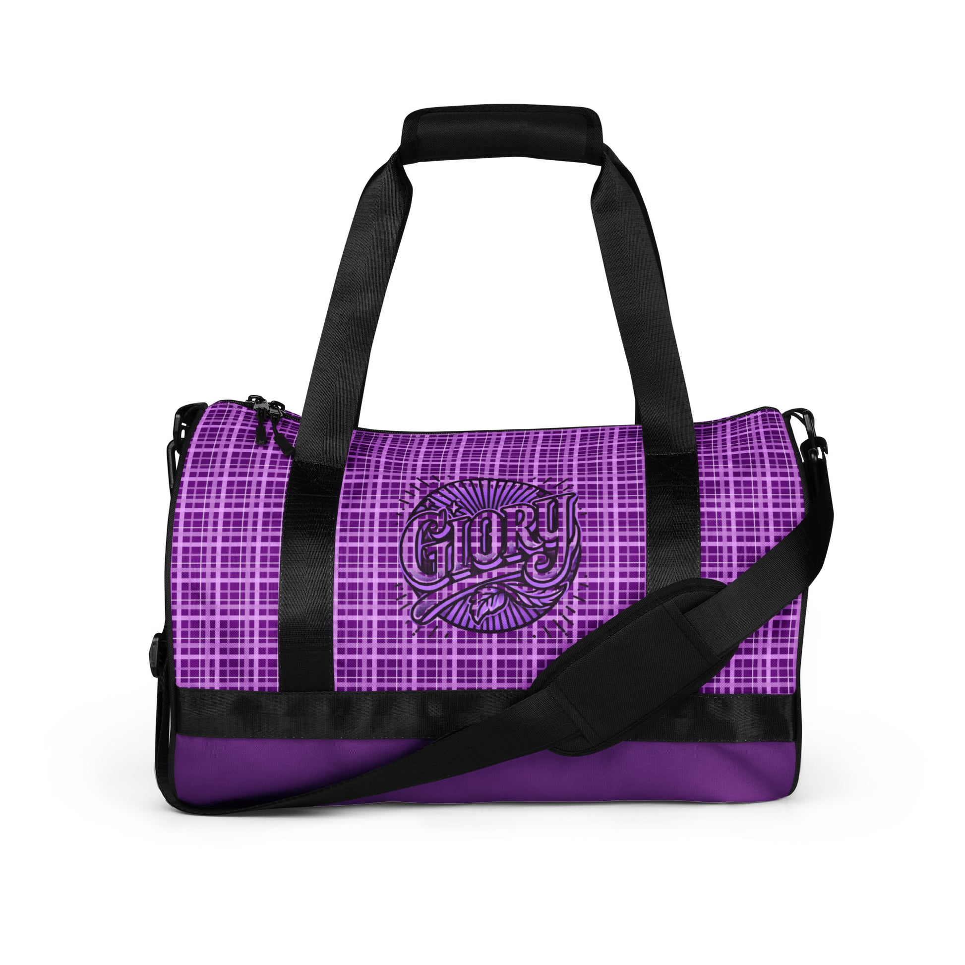 Front of purple plaid gym bag with 'Glory' icon