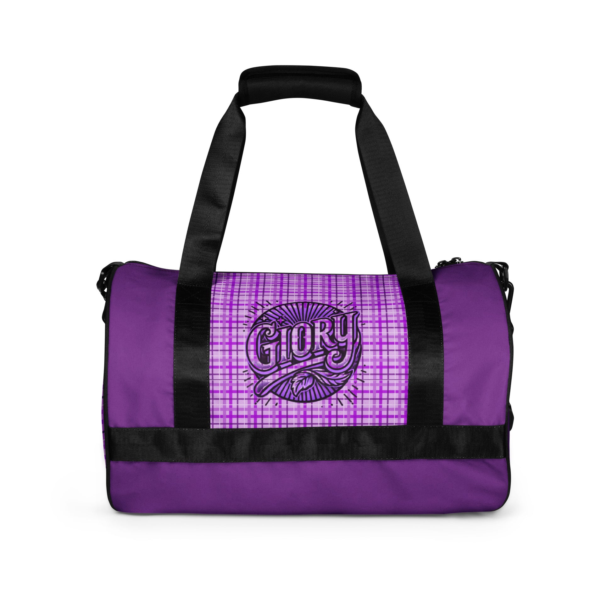 Back of purple plaid gym bag with 'Glory' icon