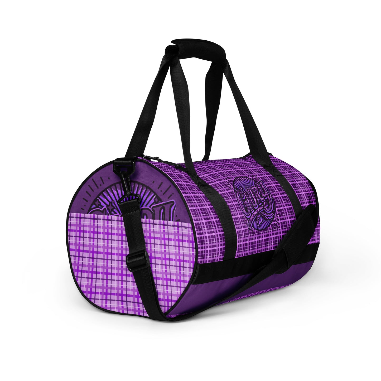 Right front of purple plaid gym bag with 'Glory' icons