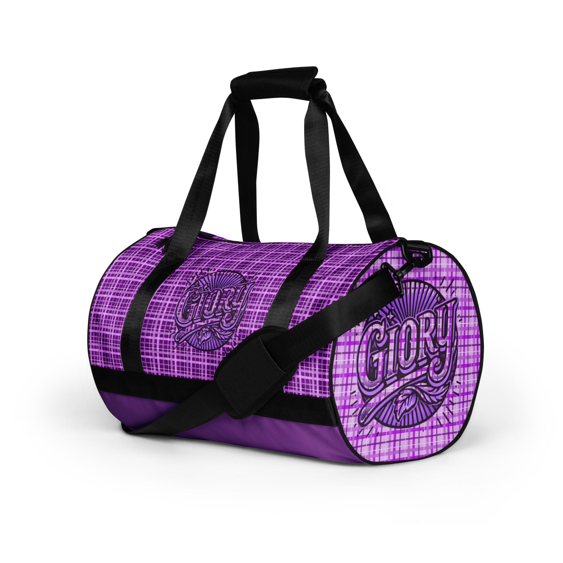 Left front of purple plaid gym bag with 'Glory' icons