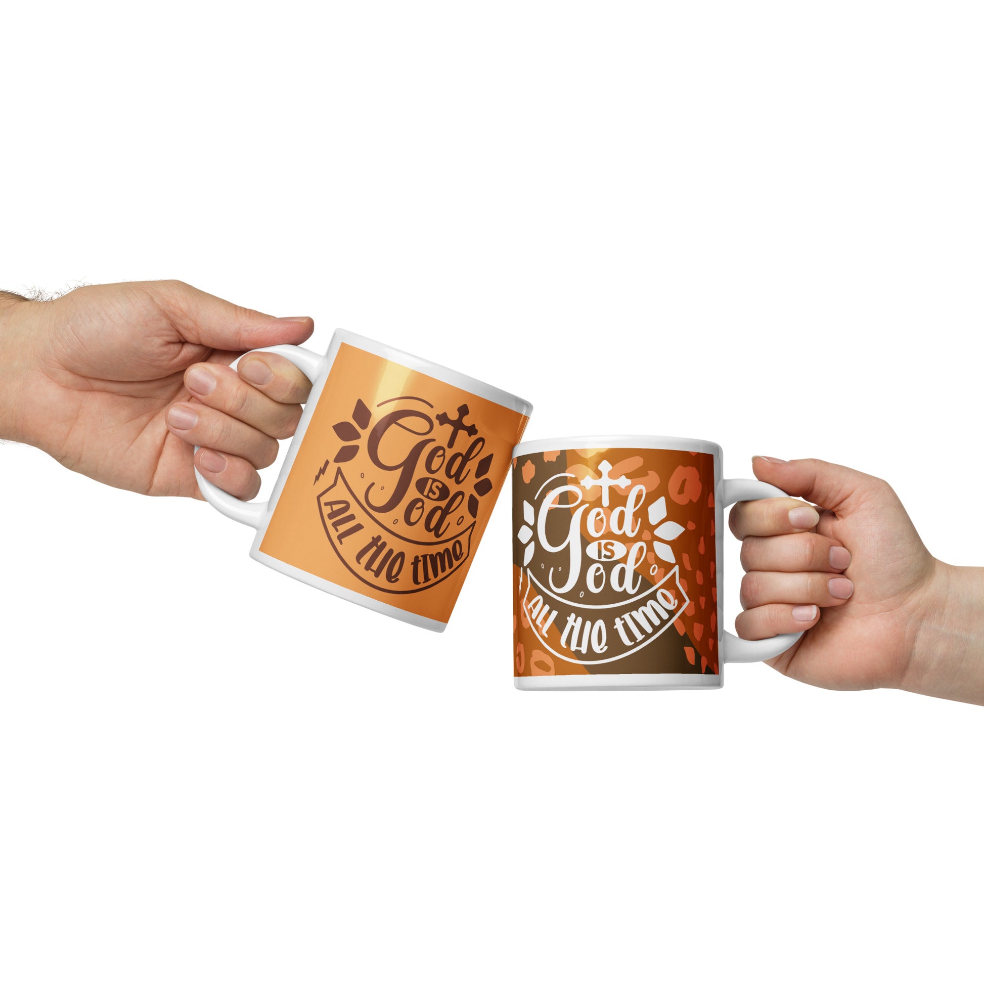 Left- and right-side views of 20 oz white glossy mug with brown, and orange abstract background with text saying 'God is God all the time'