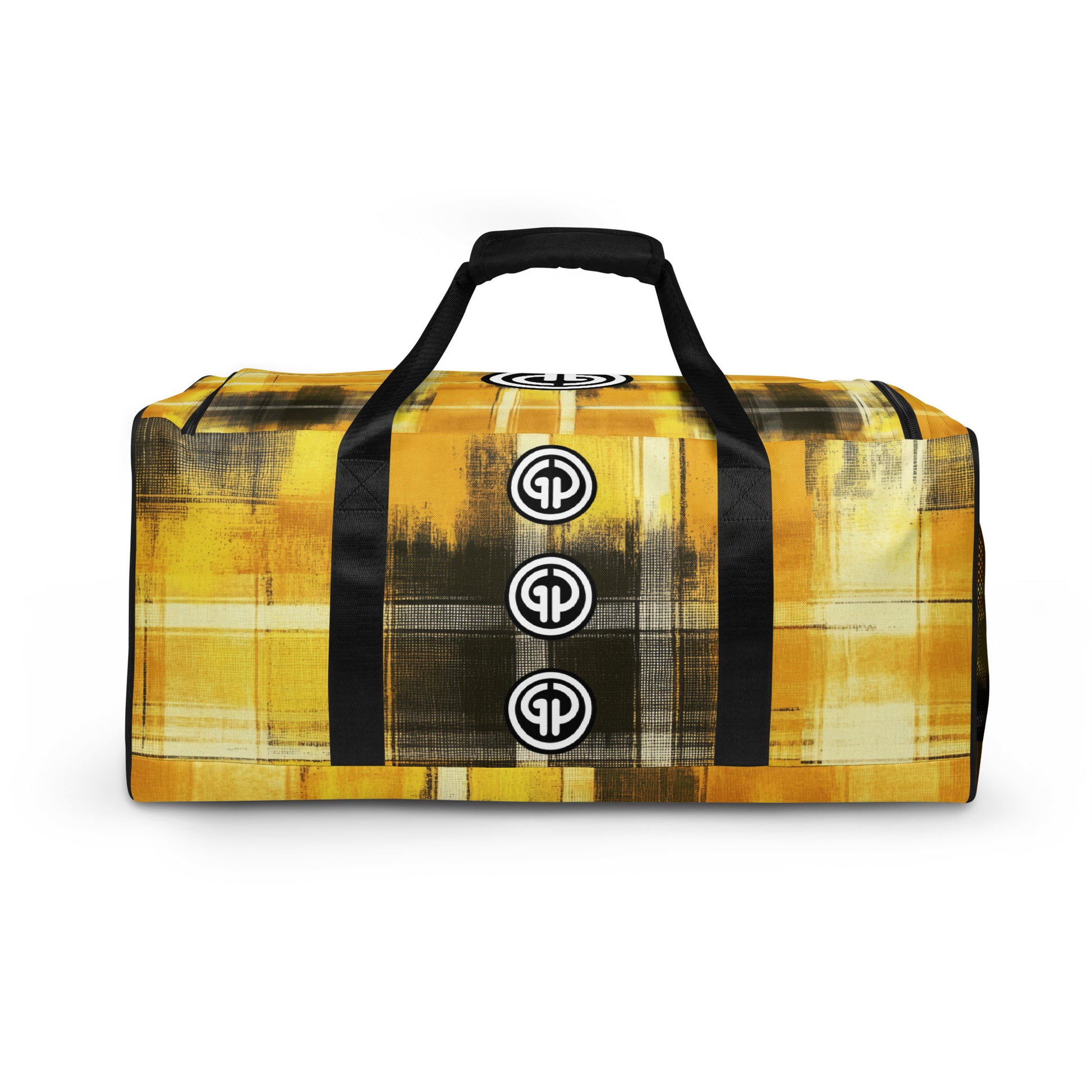 Back of yellow and black plaid colored plaid background duffel with 'GP' logos