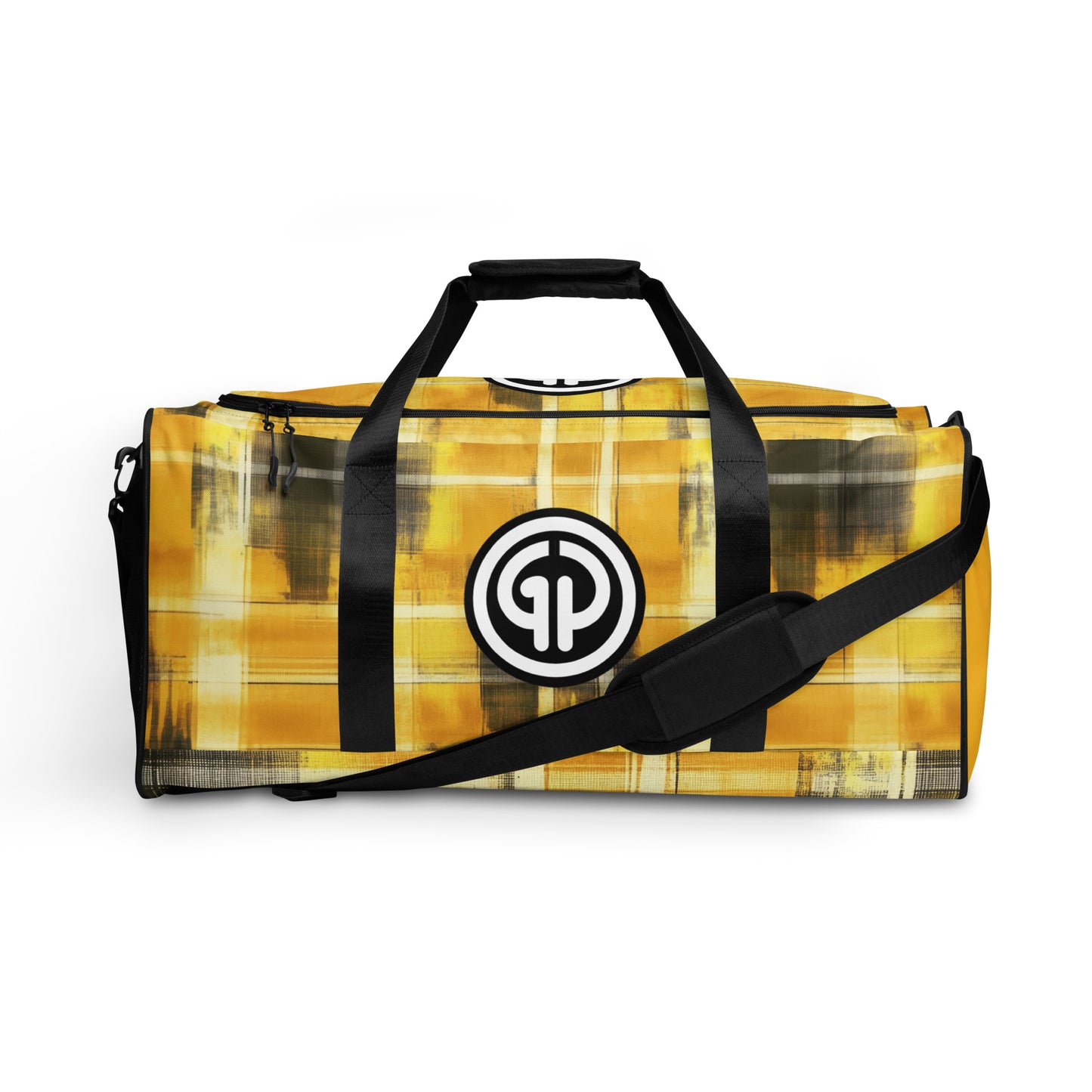 Front of yellow and black plaid colored plaid background  duffel with 'GP' logo