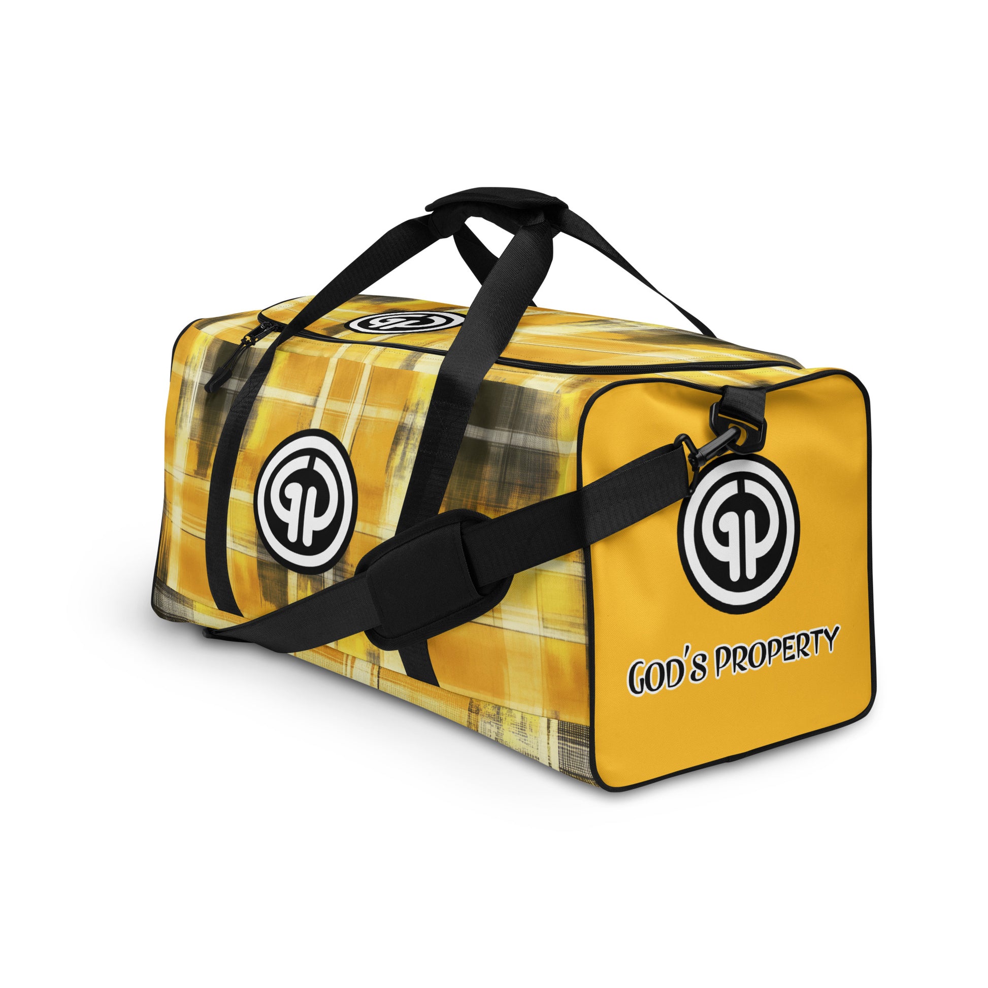 Left front of yellow and black plaid colored plaid background duffel with 'GP' logos and text 'Gods property'