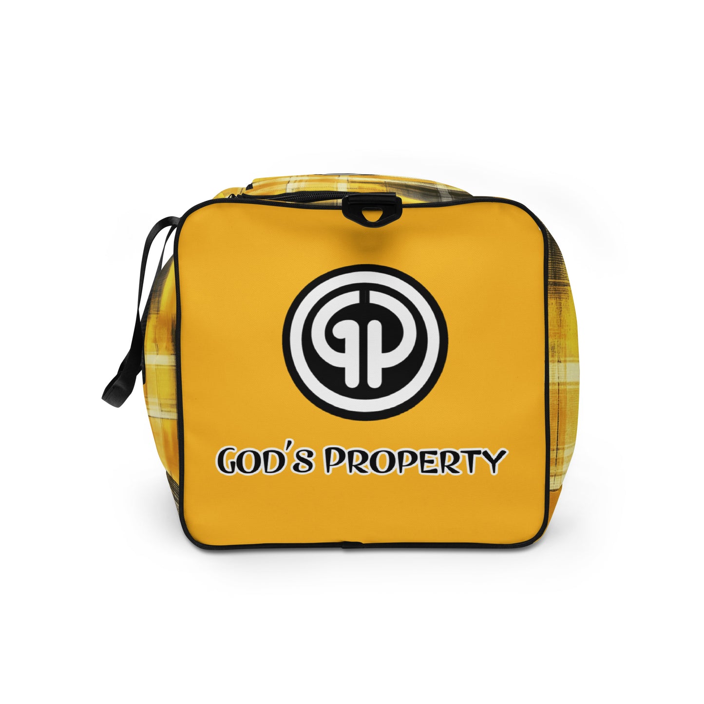 Left side of yellow and black plaid colored plaid background duffel with 'GP' logo and text 'Gods property'
