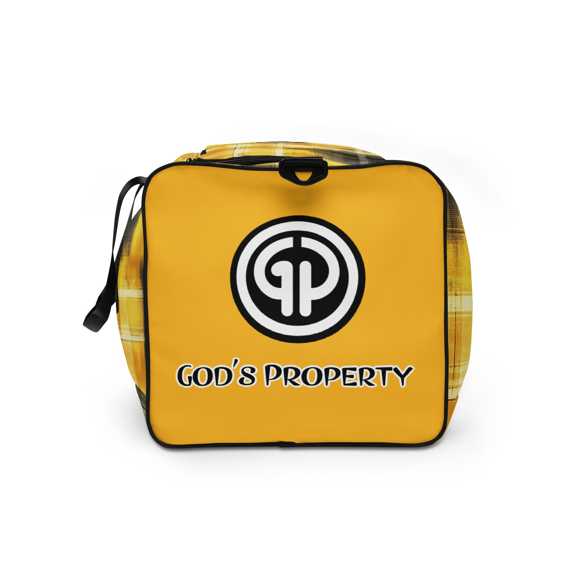 Left side of yellow and black plaid colored plaid background duffel with 'GP' logo and text 'Gods property'