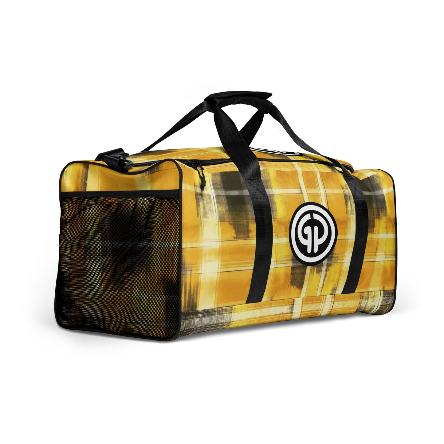 Right Front of yellow and black plaid colored plaid background  duffel with 'GP' logo