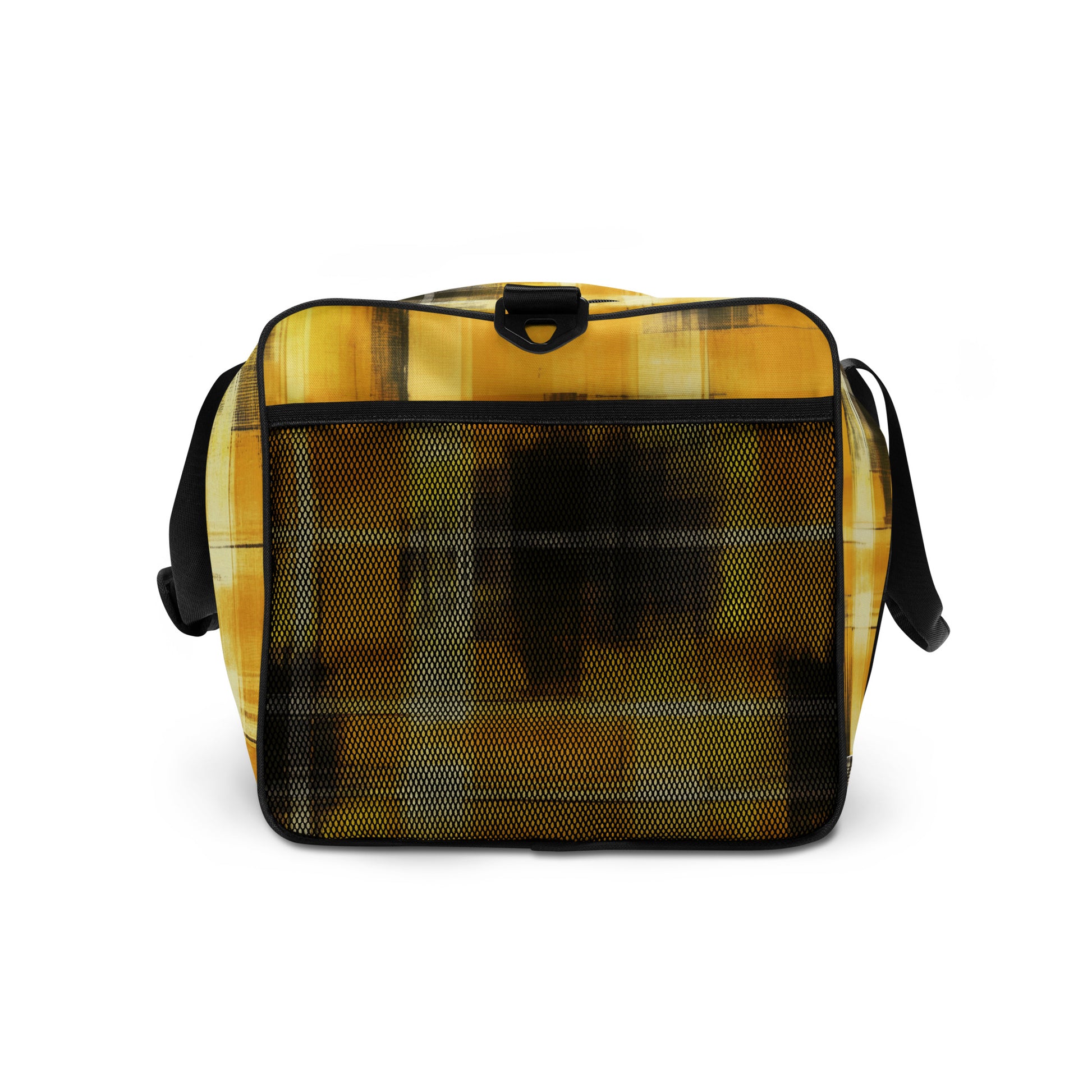 Right side of yellow and black plaid colored plaid background duffel 