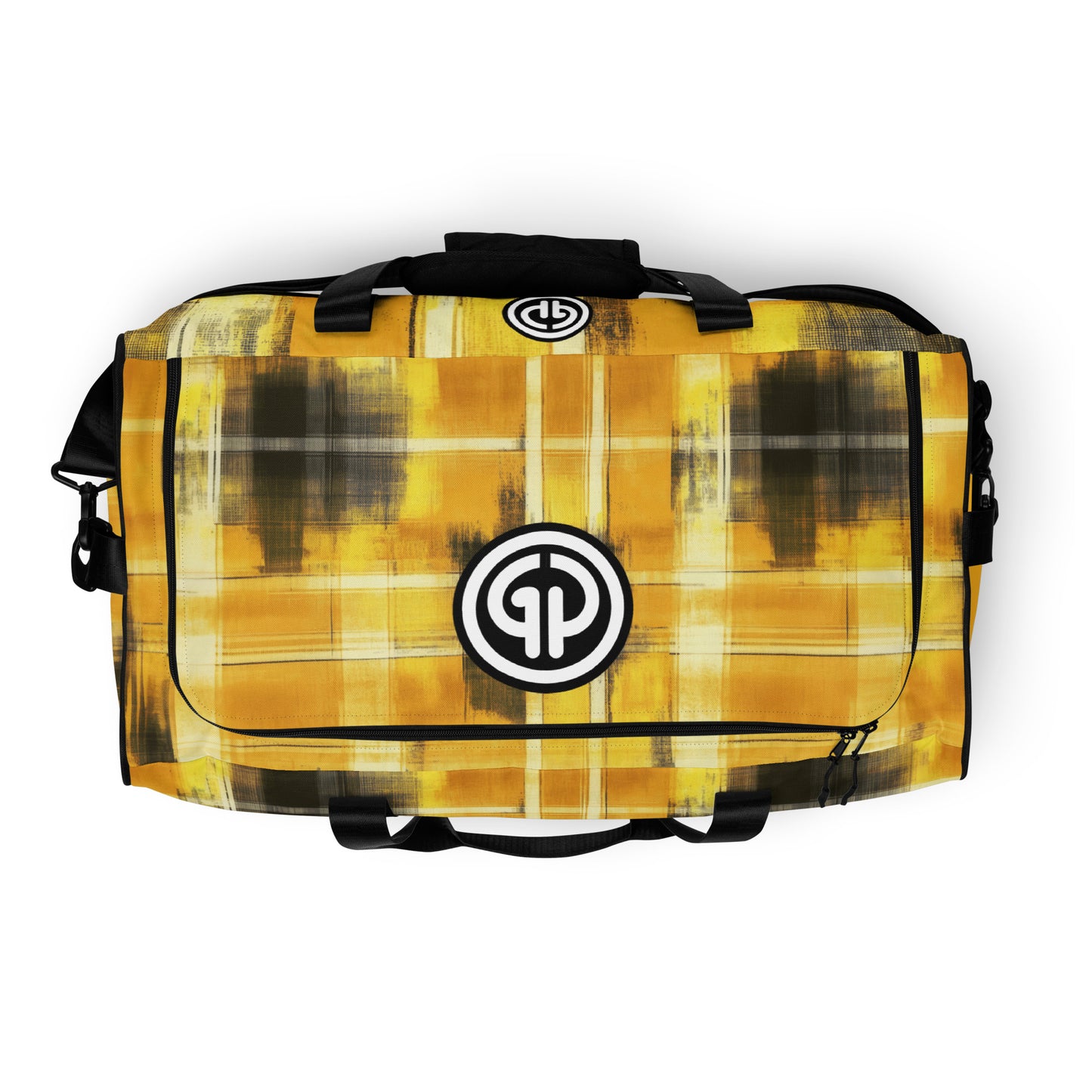 Top of yellow and black plaid colored plaid background  duffel with 'GP' logo