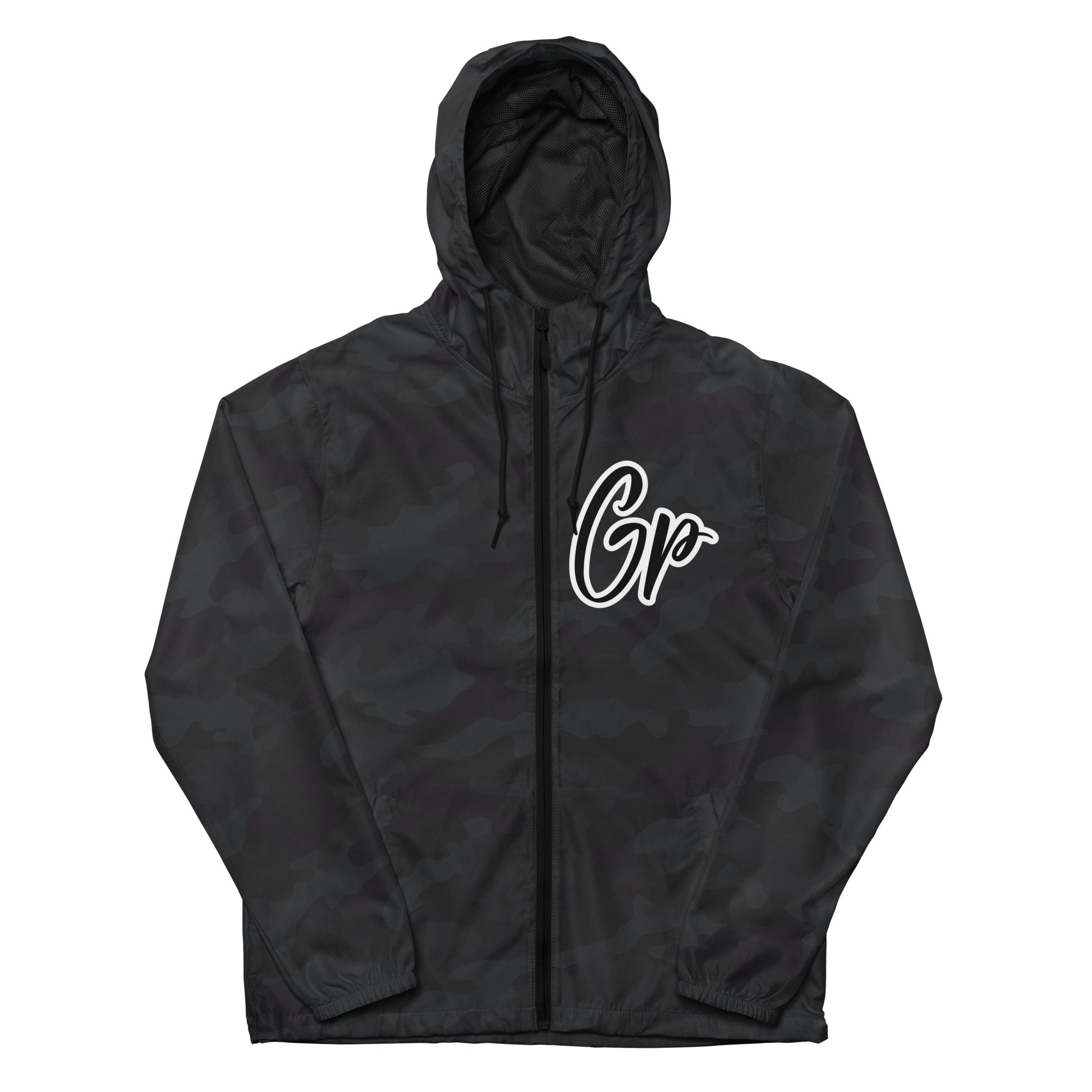 Front of black camo windbreaker with black and white text saying 'GP' on the top left chest