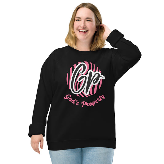 Front of black sweatshirt with pink and black design with black text saying 'GP' and pink text saying 'God's property' beneath