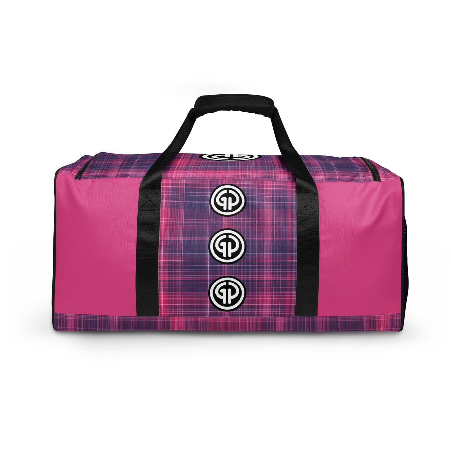 Back of God's Property duffel bag with purple and fuchsia plaid print and GP logos