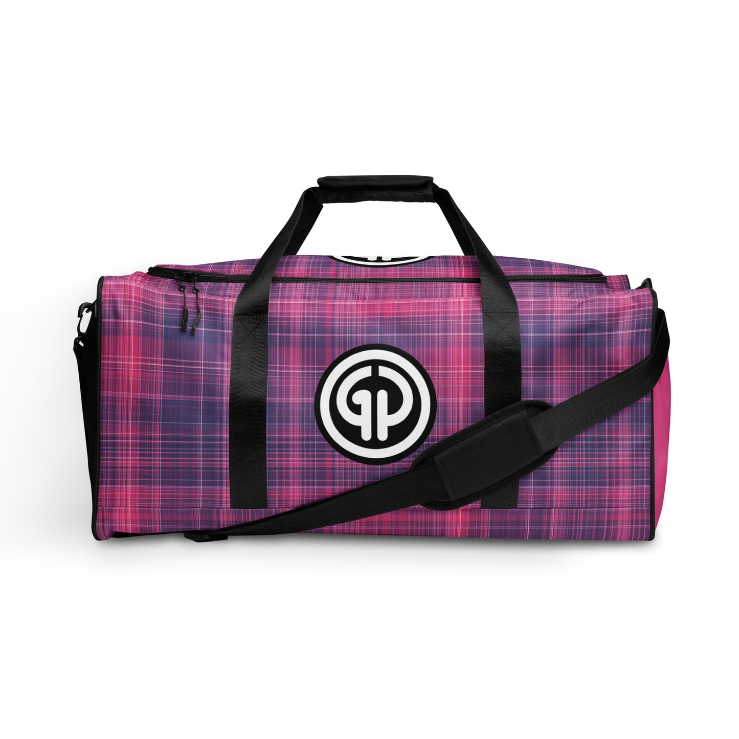 Front of God's Property duffel bag with purple and fuchsia plaid print and GP logo