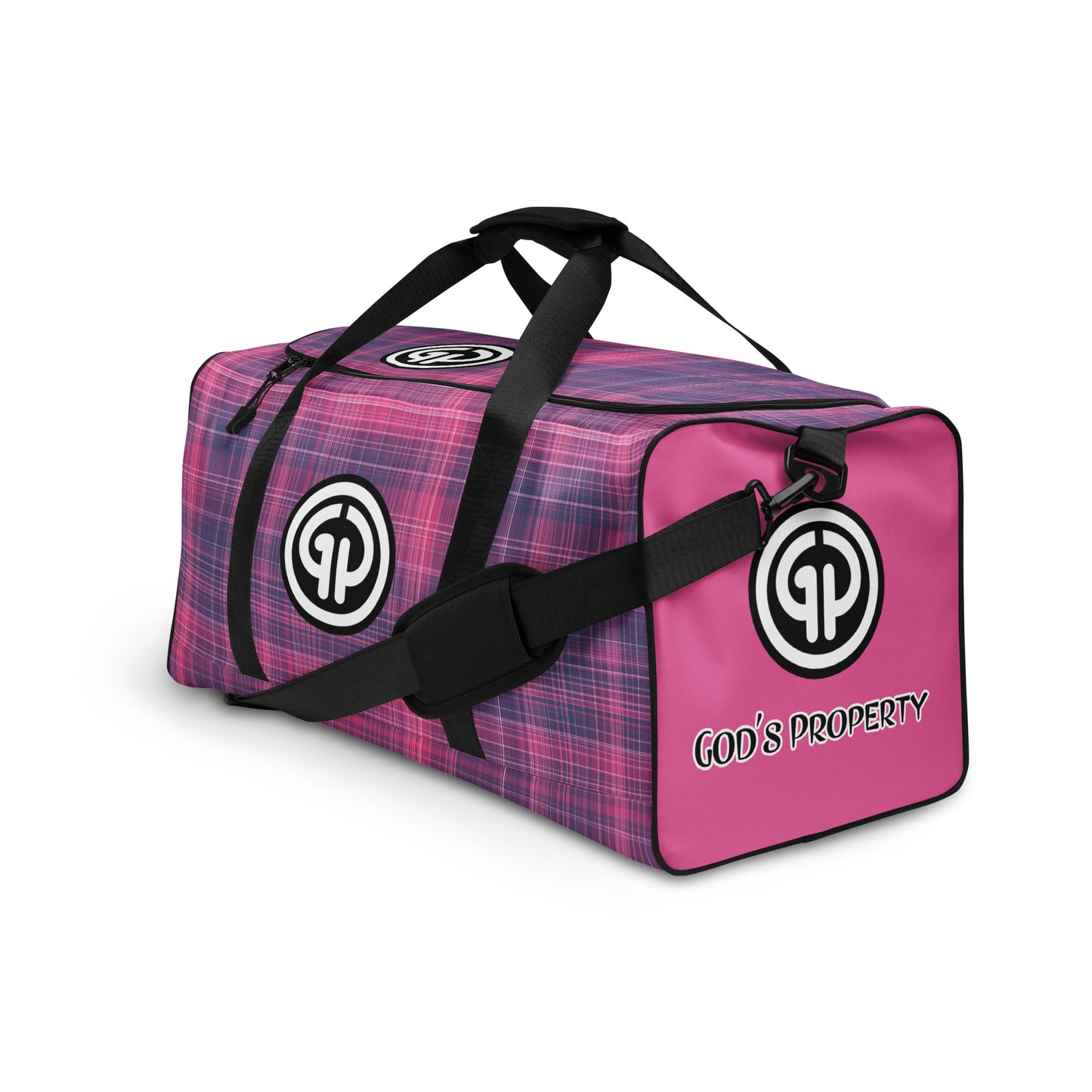 Left front detailed view of God's Property duffel bag with purple and fuchsia plaid print and GP logo