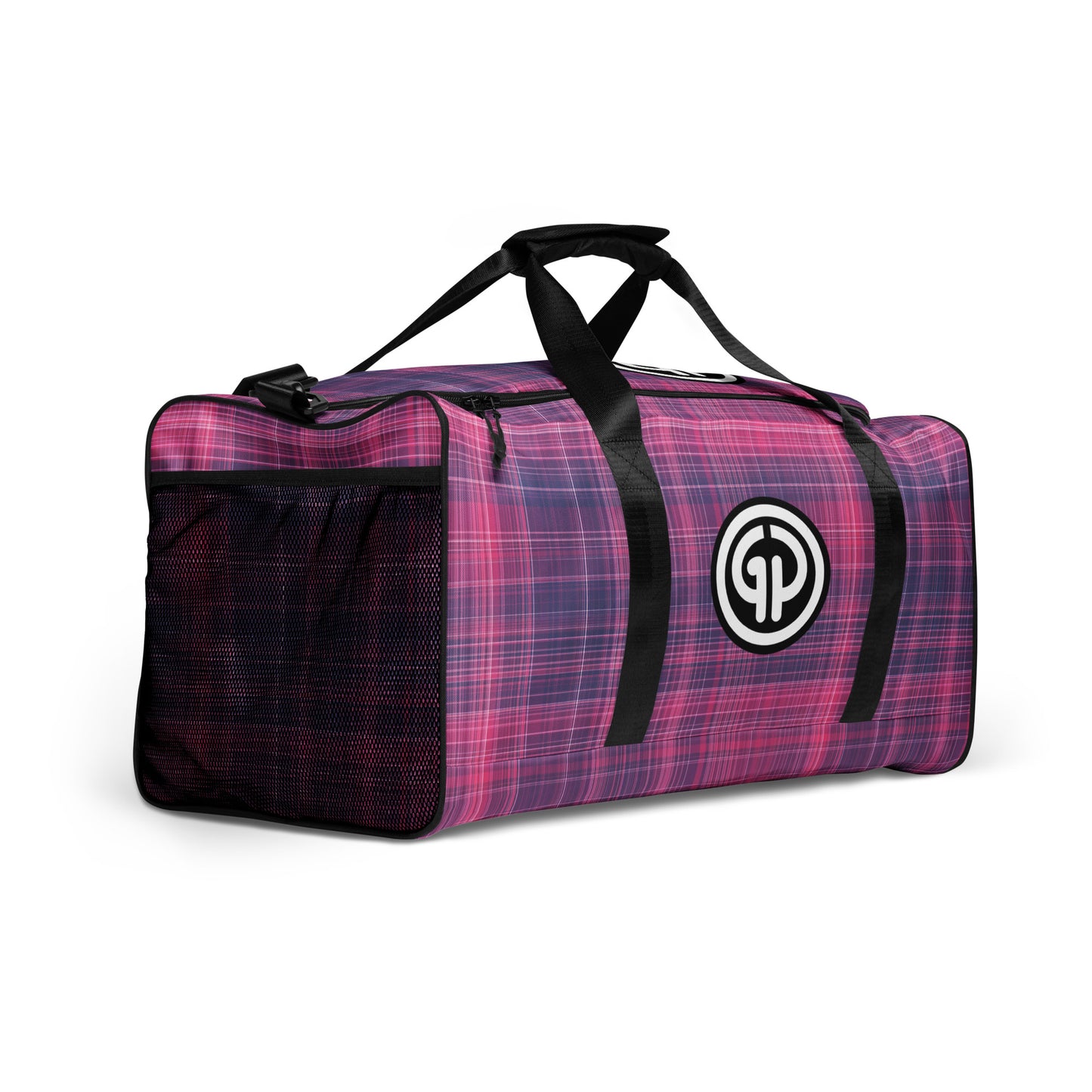 Right front of God's Property duffel bag with purple and fuchsia plaid print and GP logo