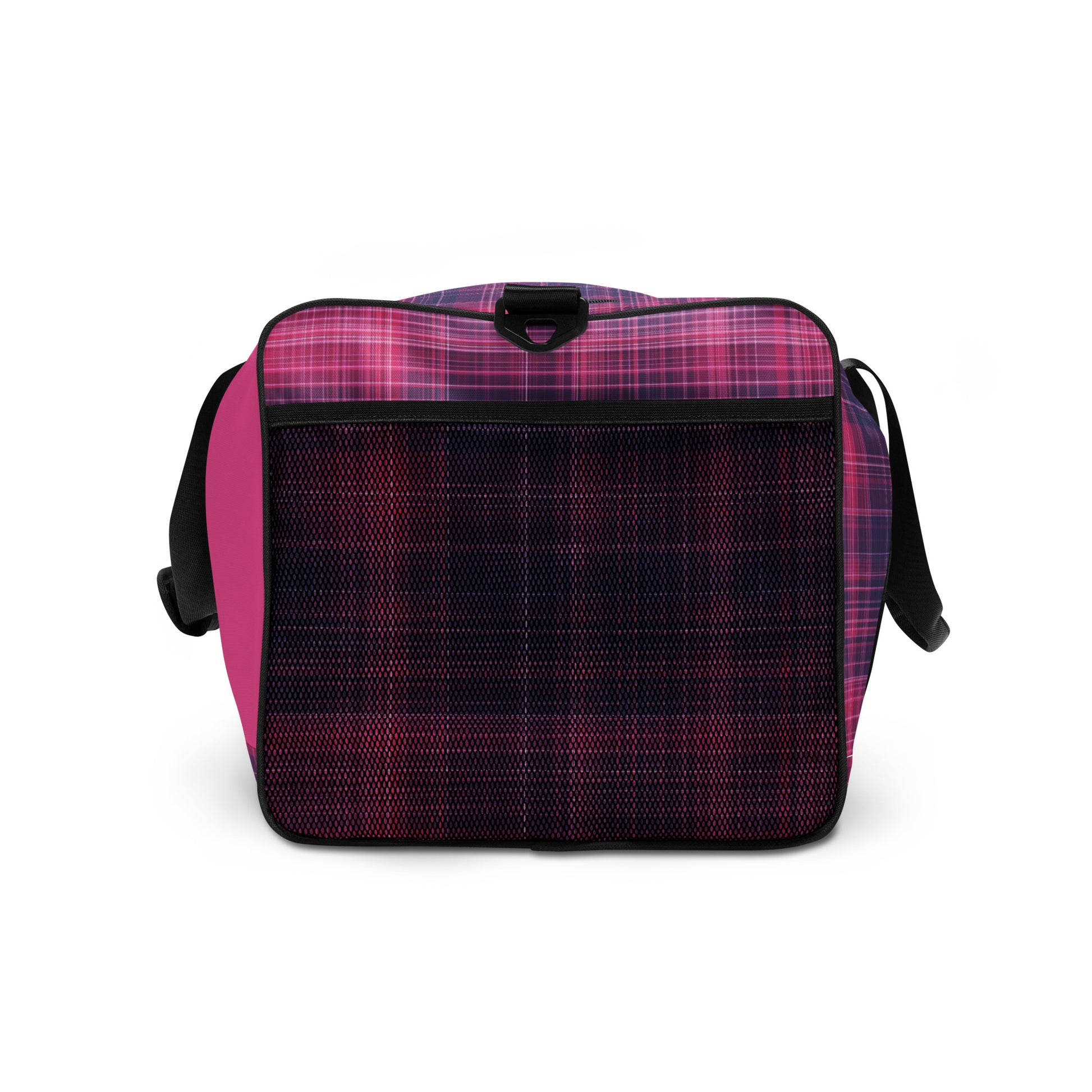 Right side of God's Property duffel bag with purple and fuchsia plaid print