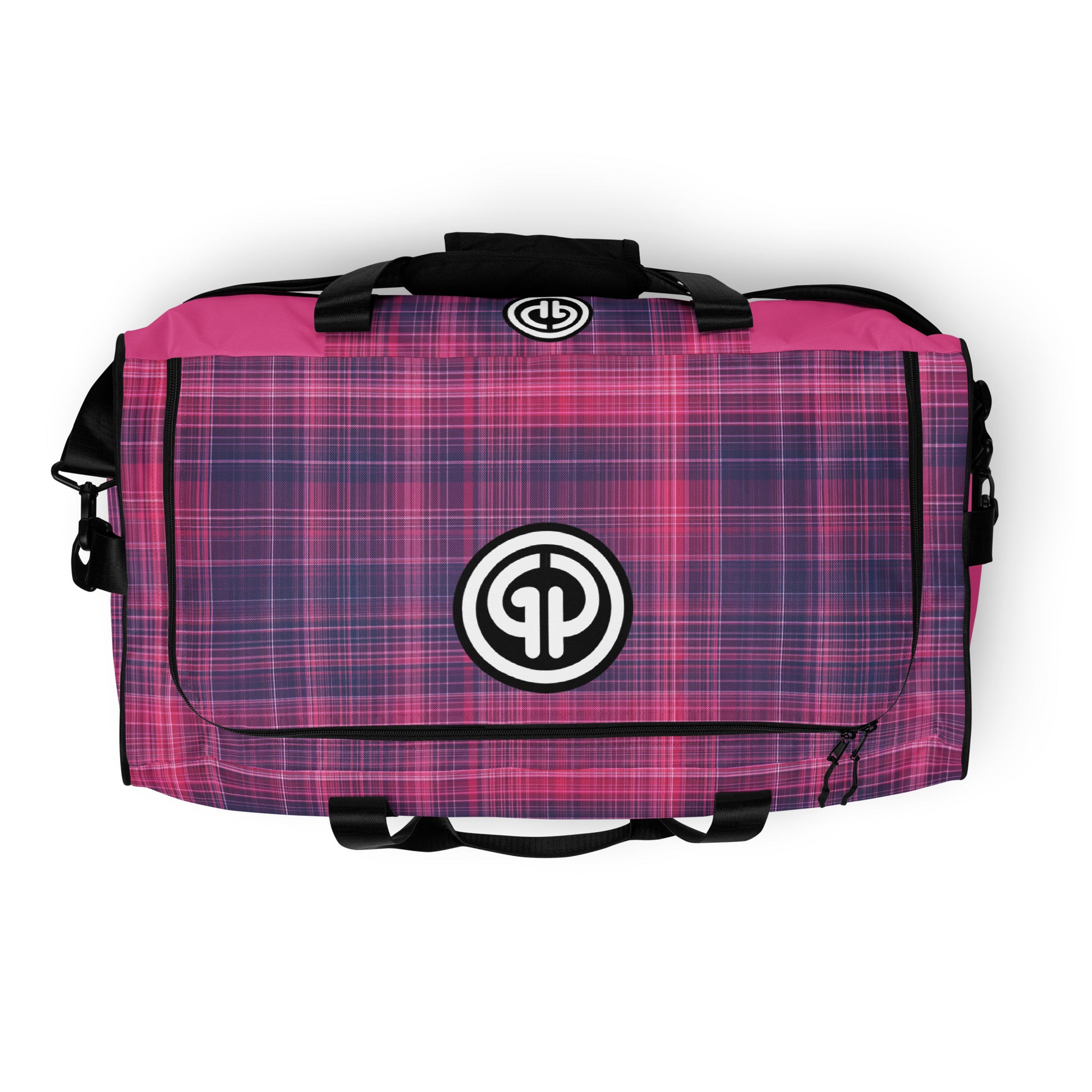 Top of God's Property duffel bag with purple and fuchsia plaid print and GP logo