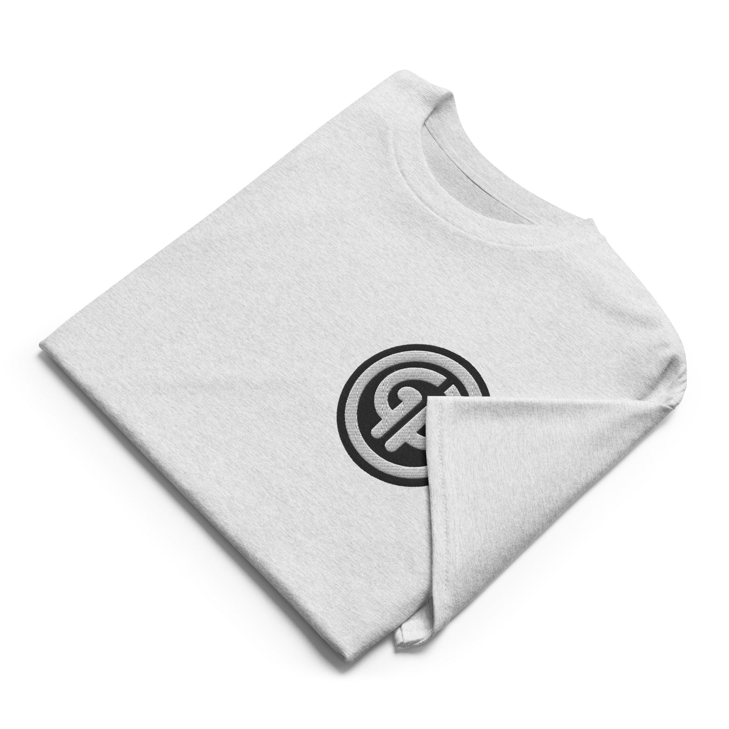 Front of folded ash t-shirt with God's Property 'GP' emblem embroidered on left chest