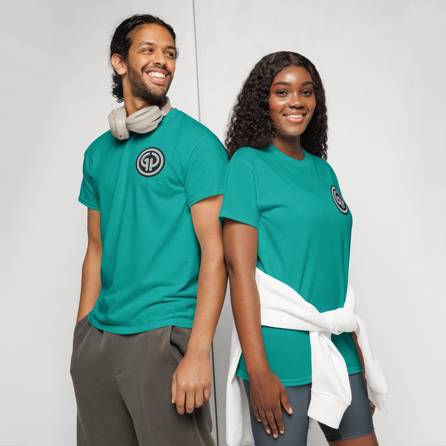 Front of jade dome t-shirt with God's Property 'GP' emblem embroidered on left chest of man and woman