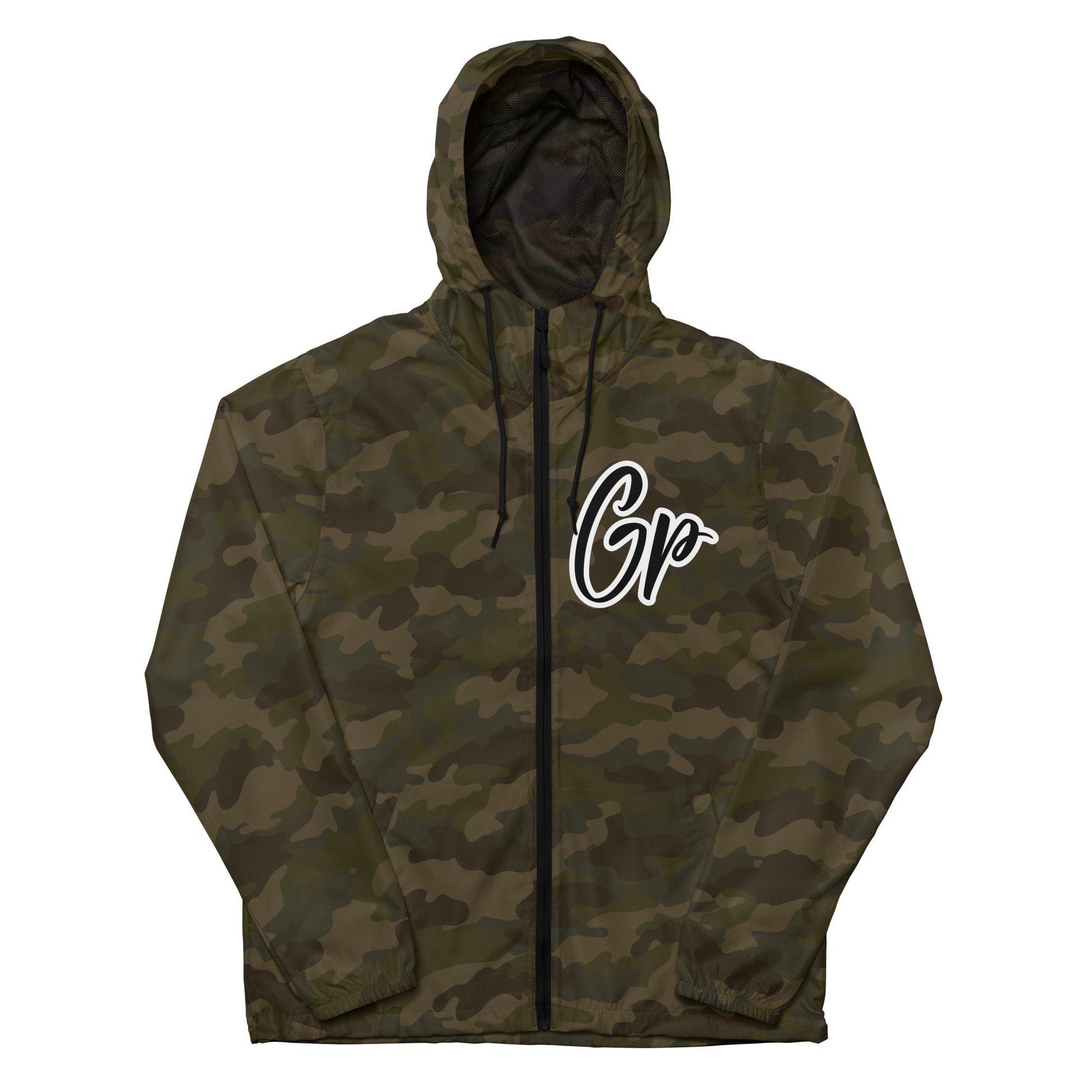 Front of forest camo windbreaker with black and white text saying 'GP' on the top left chest