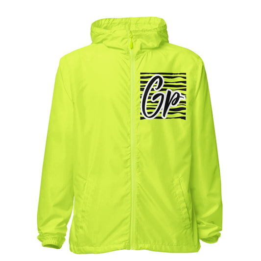 Front of safety yellow windbreaker with black and white text saying 'GP' on top left chest