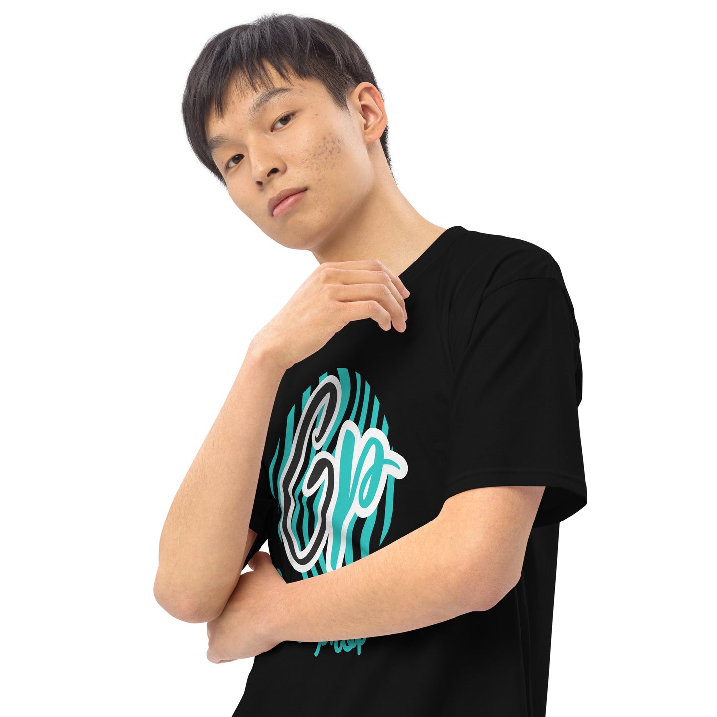 Front zoom of black t-shirt with teal and black design with black and teal text saying 'GP' and teal text saying 'God's property' beneath