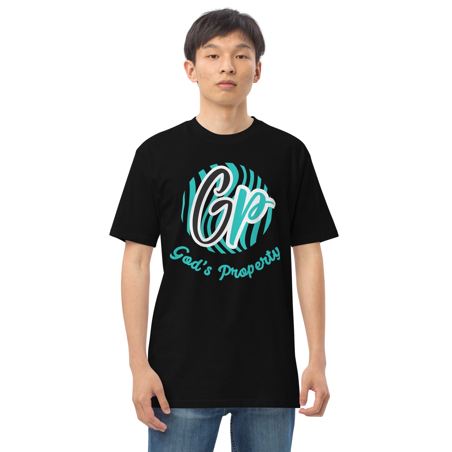 Front of black t-shirt with teal and black design with black and teal text saying 'GP' and teal text saying 'God's property' beneath