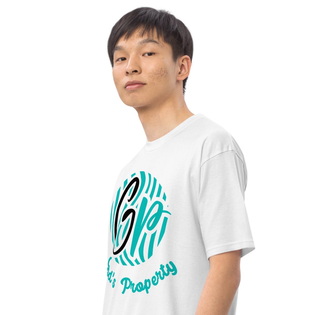 Left front of white t-shirt with teal and black design with black and teal text saying 'GP' and teal text saying 'God's property' beneath