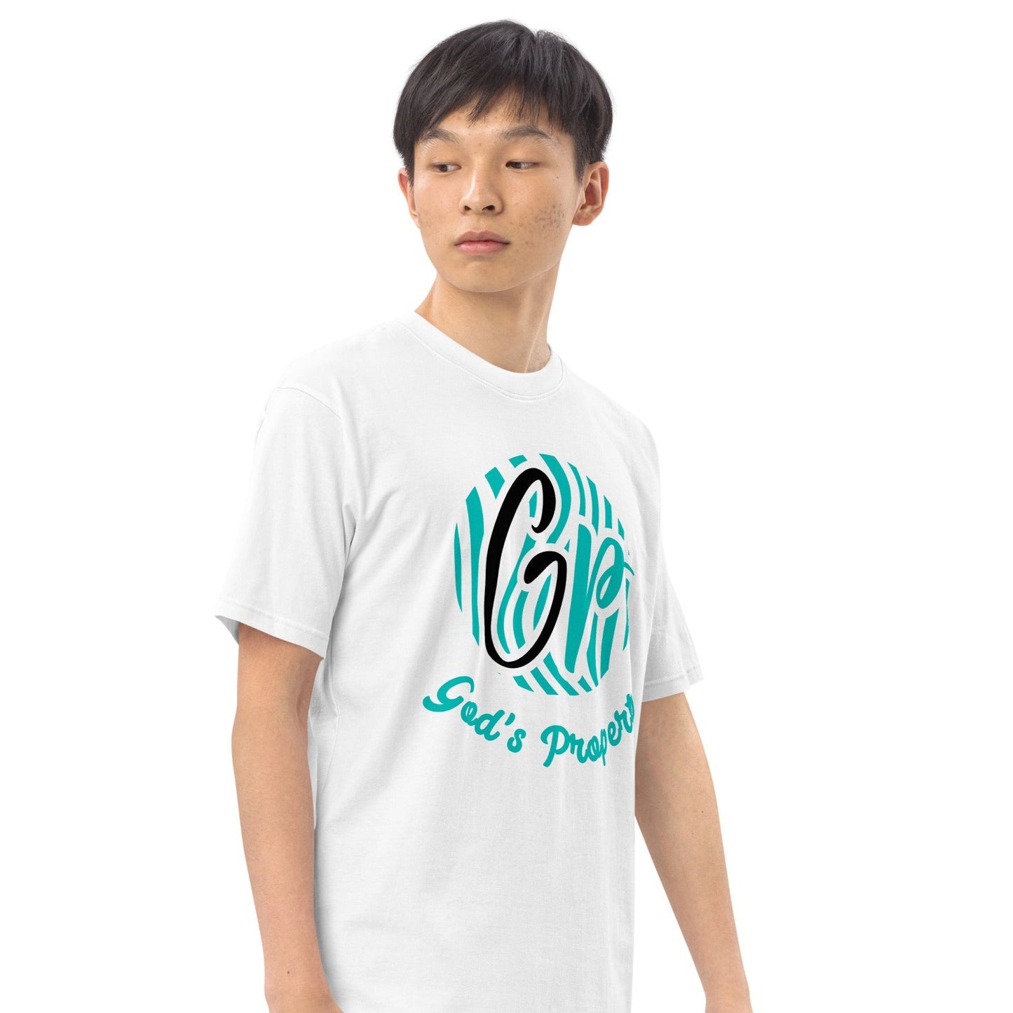 Right front of white t-shirt with teal and black design with black and teal text saying 'GP' and teal text saying 'God's property' beneath