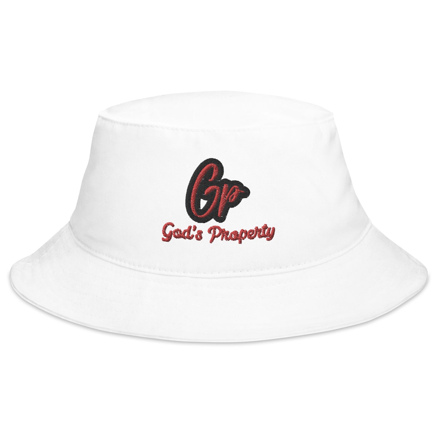 Front of white embroidered hat with red and black text saying 'GP, God's Property'