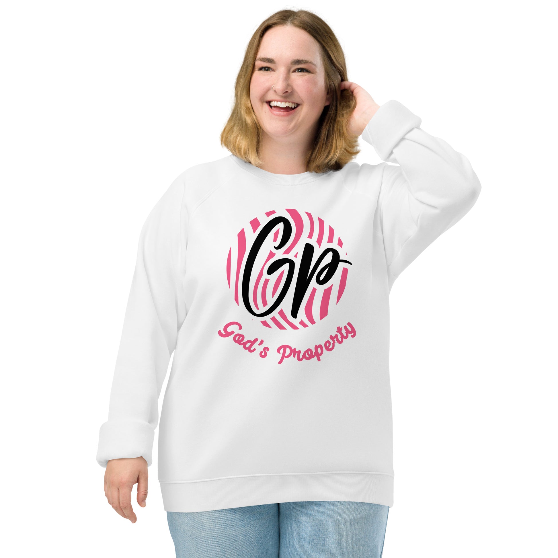 Front of white sweatshirt with pink and black design with black text saying 'GP' and pink text saying 'God's property' beneath