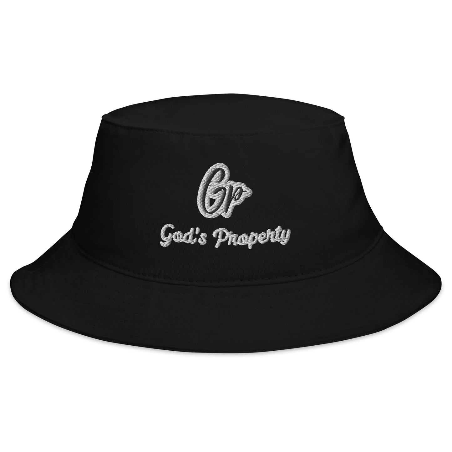 Front of black embroidered hat with black and gray text saying 'GP, God's property'