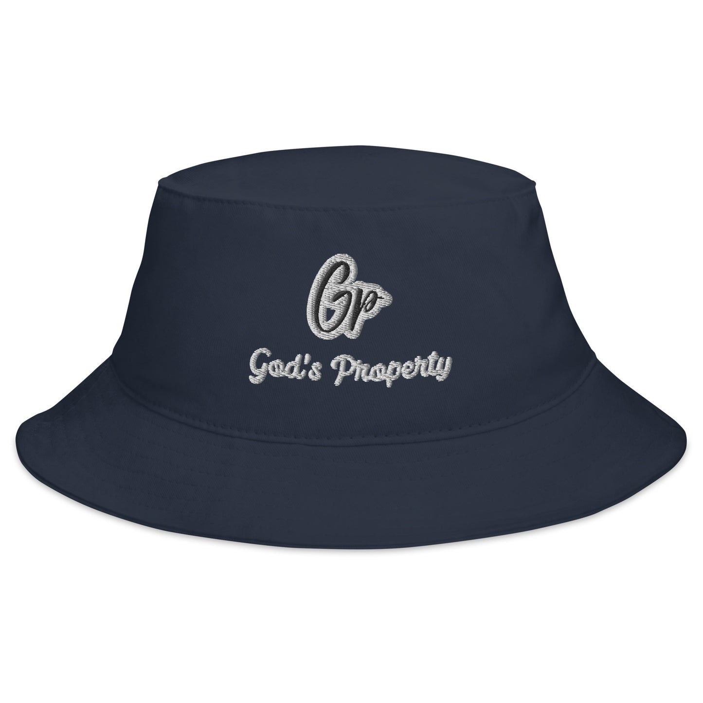 Front of navy embroidered hat with black and gray text saying 'GP, God's property'