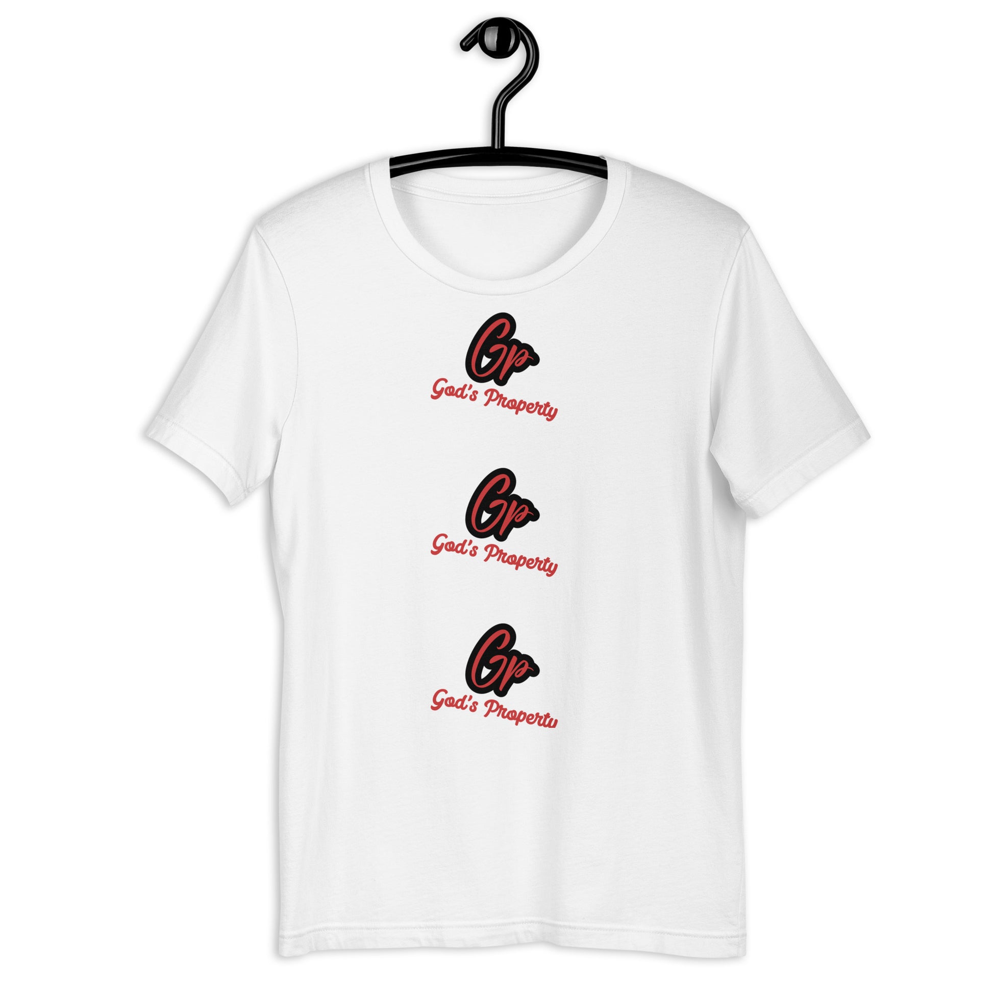 Front of white T-Shirt with Triple images of red and black text saying 'GP' and red text saying God's Property underneath