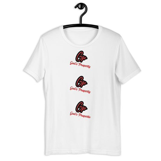 Front of white T-Shirt with Triple images of red and black text saying 'GP' and red text saying God's Property underneath