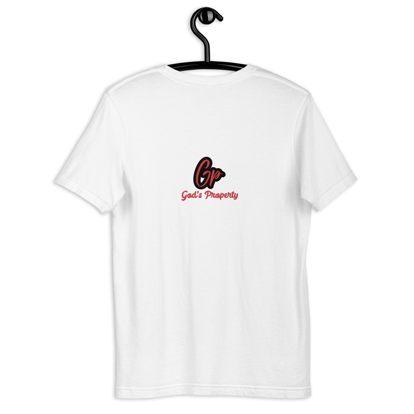 Back of white T-Shirt with red and black text saying 'GP' and red text saying God's Property underneath