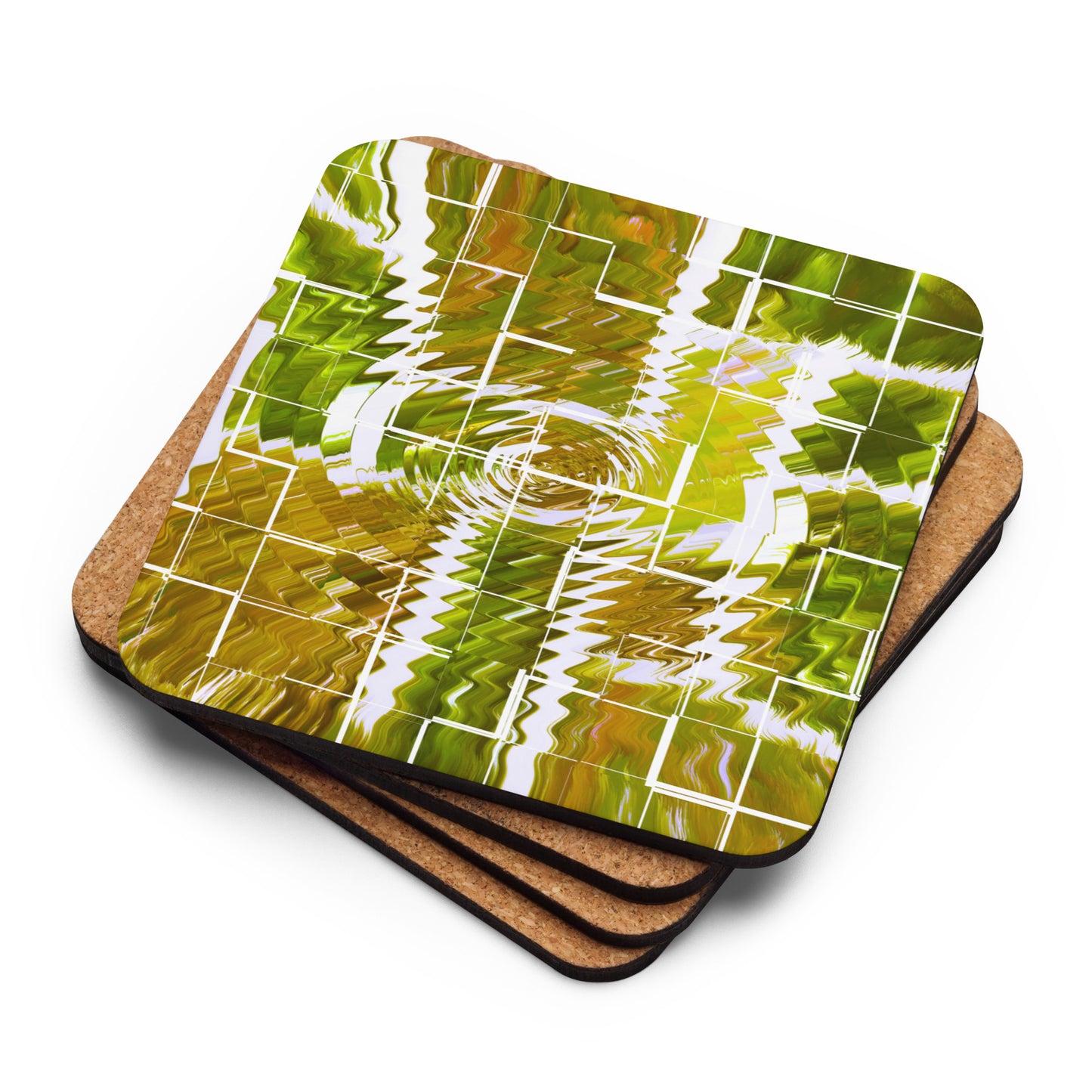 Cork-back-coaster covered in a green and white abstract print background