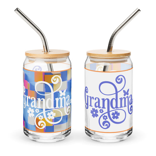 Two can-shaped 16 oz glass with straw and lid with left glass showing blue and white print with white text and saying 'grandma' and right glass showing white with blue text saying 'grandma'