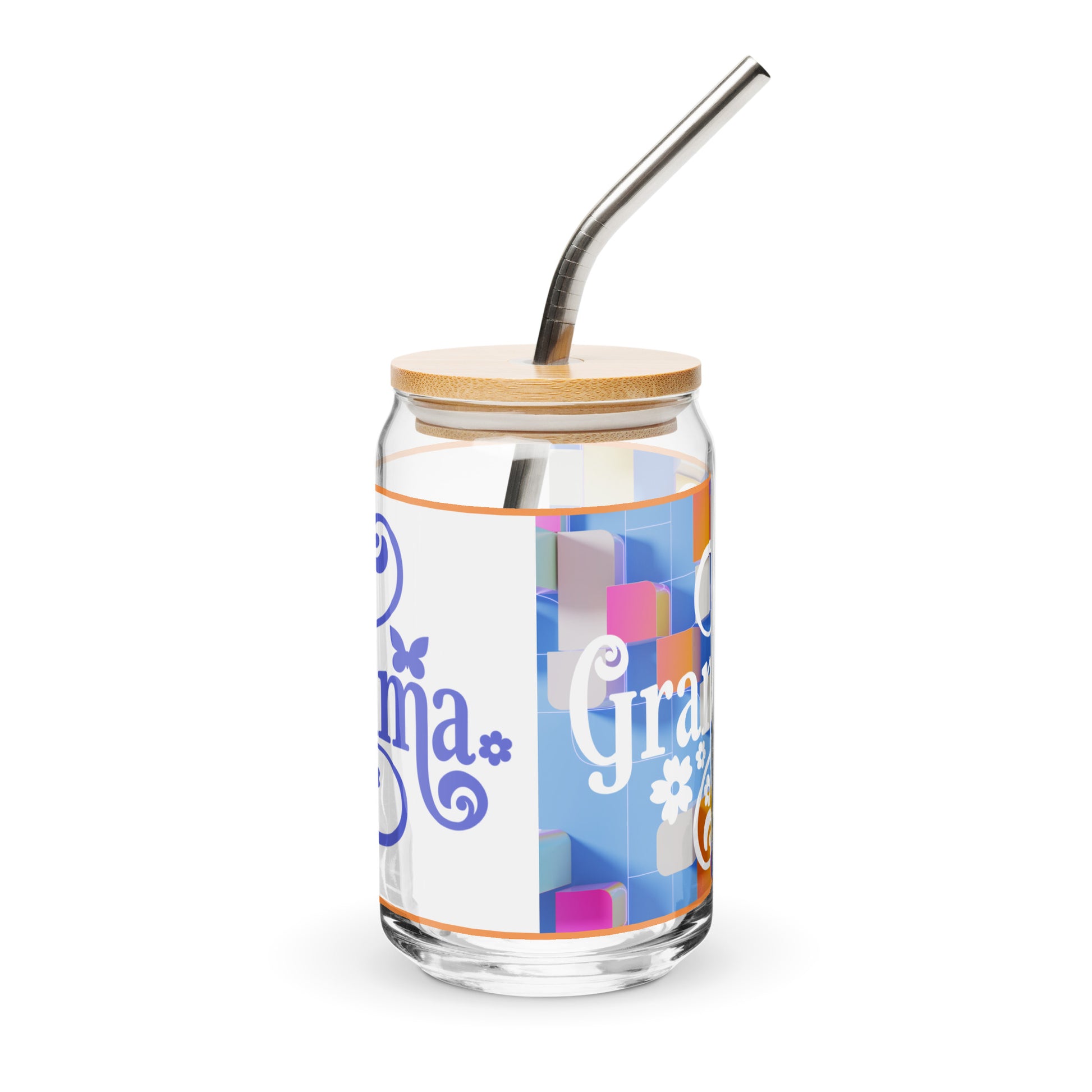Can-shaped 16 oz glass with straw and lid with one side white with blue text side in blue and white print with white text and saying 'grandma'