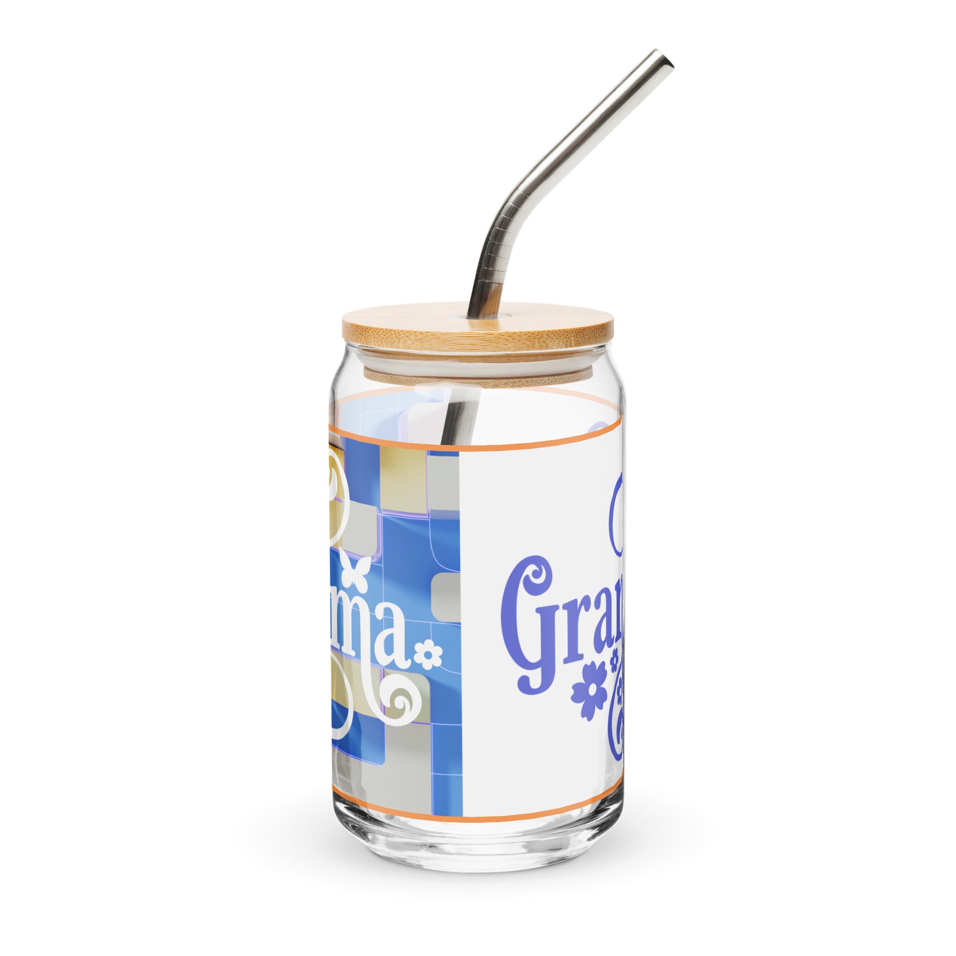 Can-shaped 16 oz glass with straw and lid with one side in blue and white print with white text and one side white with blue text saying 'grandma'
