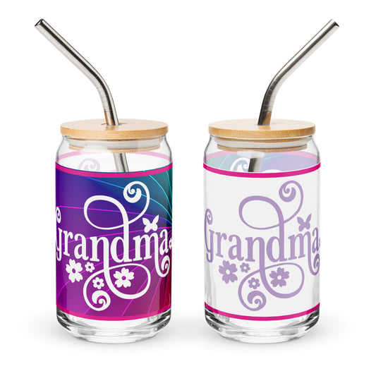 Two can-shaped 16 oz glass with straw and lid with left glass showing purple and blue print with white text and saying 'grandma' and right glass showing white with purple text saying 'grandma'