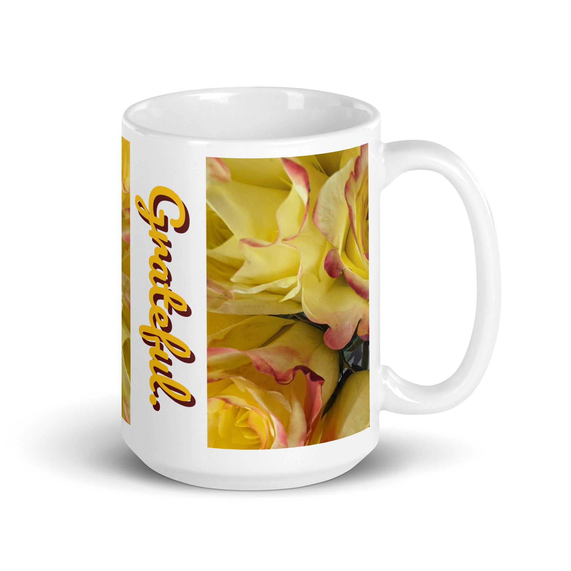 Right view of a 15 oz white glossy mug with gold and burgundy flowered background and text saying 'grateful'