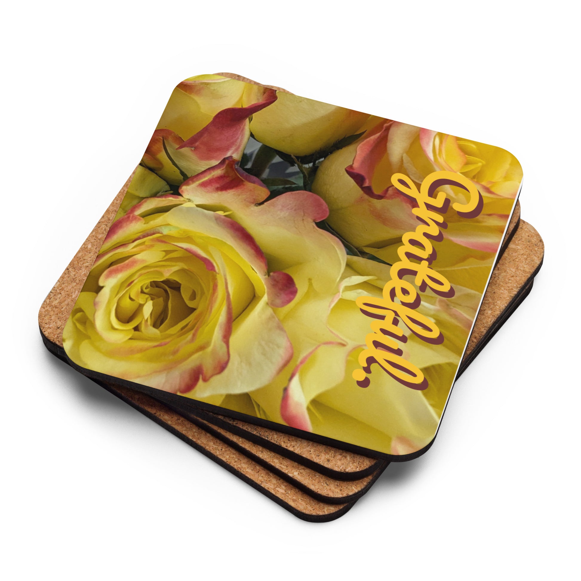 Cork-back-coaster with a gold and burgundy flowered background and text saying 'grateful'