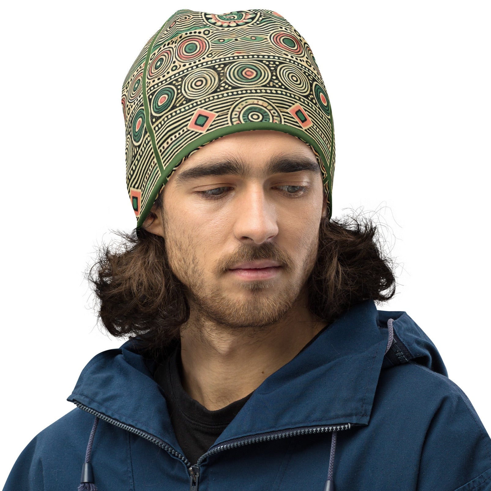 Front of green and pink printed beanie