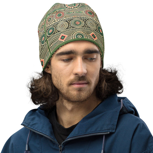 Front of green and pink printed beanie