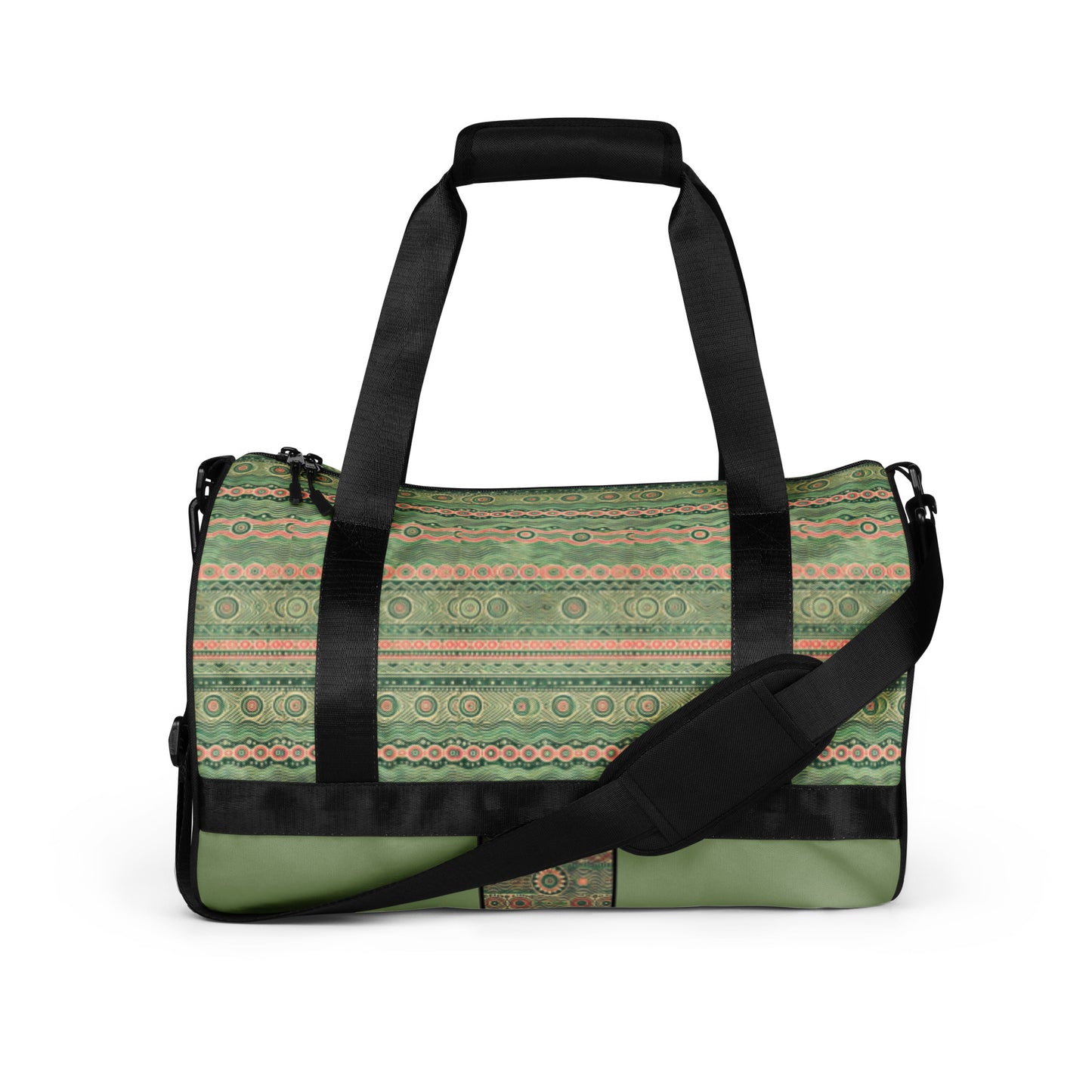 Front of green and pink print gym bag