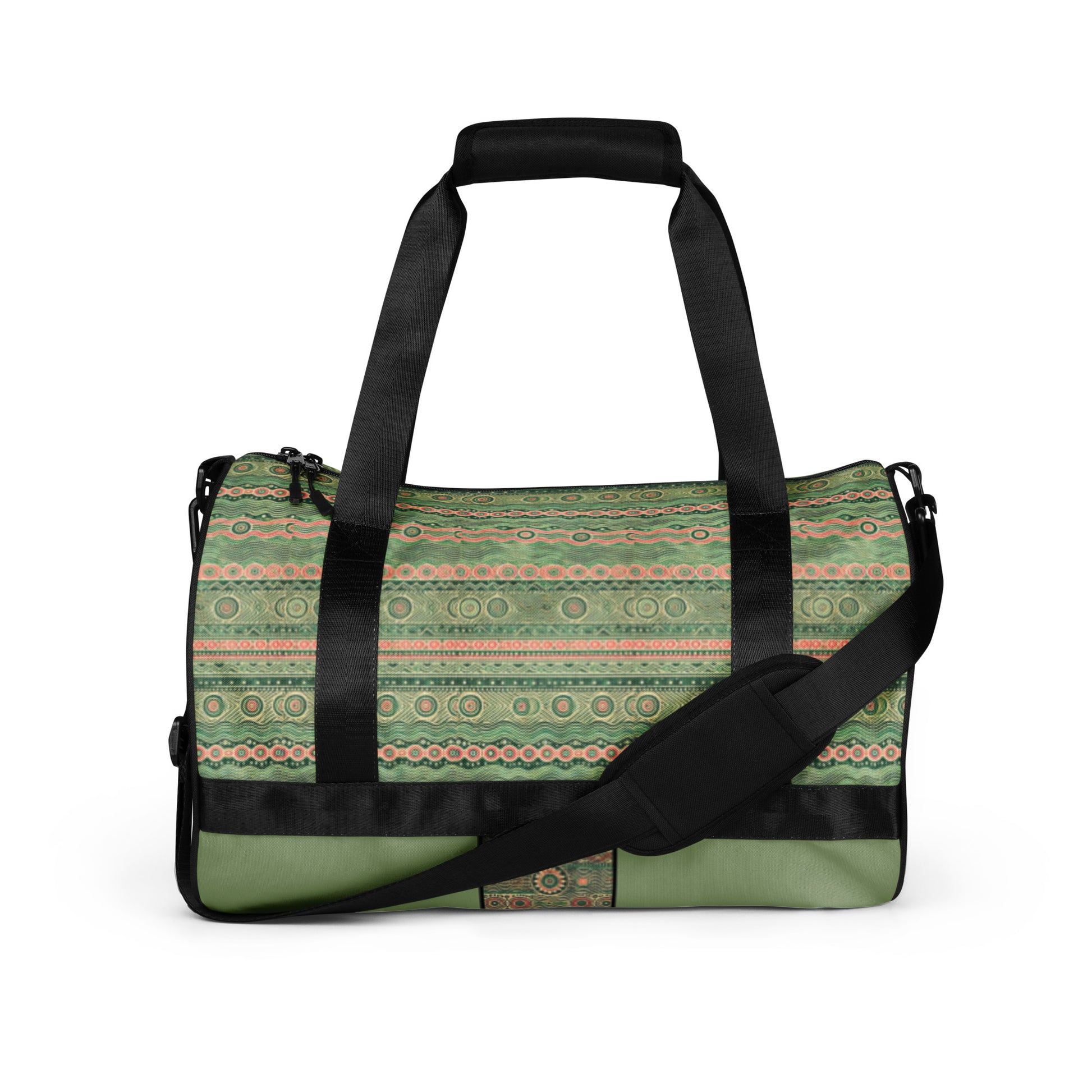 Front of green and pink print gym bag