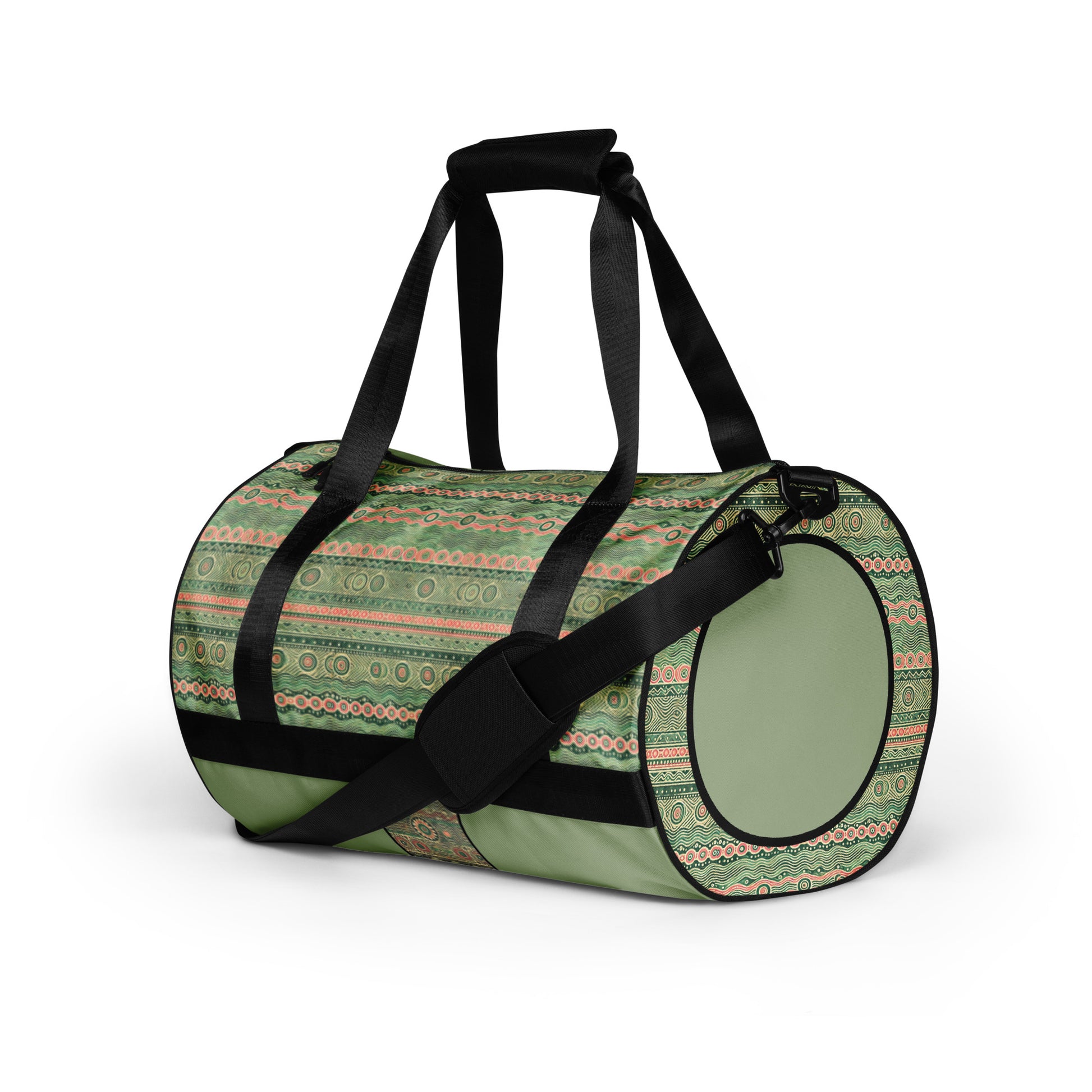 Left front of green and pink print gym bag